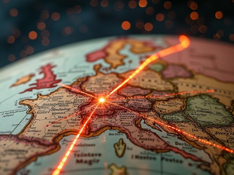 A historical world map from 1914 with Germany at its center. Detailed country borders and ornamental map elements. A bright red line stretches from Berlin, breaking the edge of the yellowed paper. It winds towards Mars. The camera zooms out from a close-up of Berlin. Smoky cloud formations and shimmering star constellations fill the background. Warm amber light highlights the engraving aesthetic with steam and subtle gear motifs surrounding the scene.