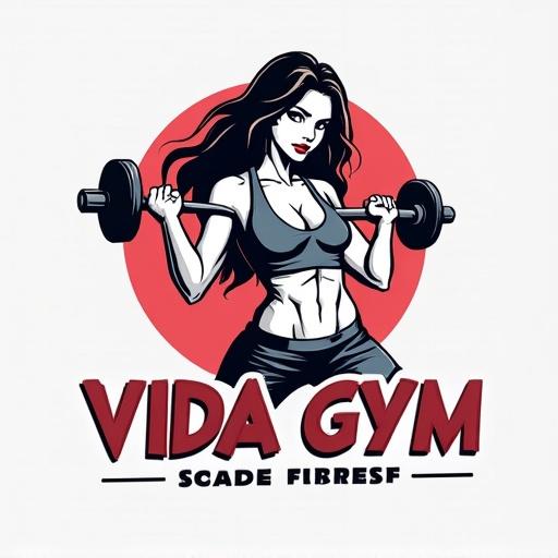 Logo design for a ladies fitness gym named VIDA GYM featuring a strong female character holding a barbell. The design combines red and black colors with a bold font.