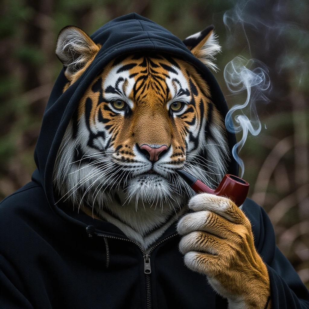 photo of an anthropomorphic tiger with a hood smoking a pipe