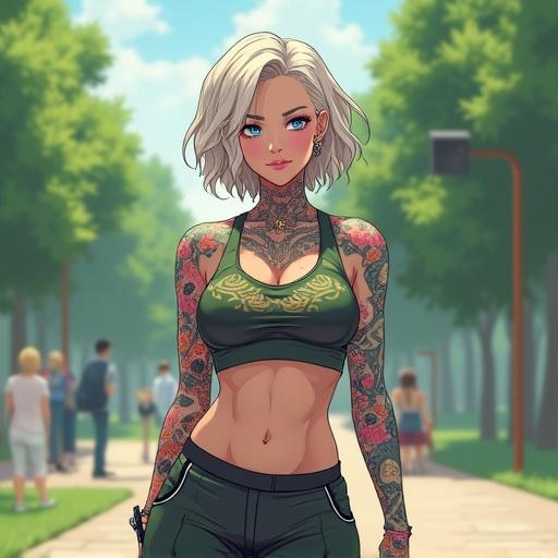 Futuristic anime image of a 52 year old woman with frosted blue eyes walking in a park. She features short light blonde wavy hair, piercings, and wears modern martial arts streetwear. Shows colorful tattoos, muscular arms, and a confident demeanor.