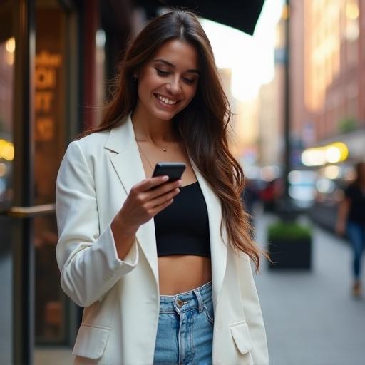 Vibrant street-style photograph of a young woman in her twenties. She is smiling while looking at her smartphone. Styled in light-wash high-waisted jeans, fitted black crop top, and oversized white blazer. Long wavy brunette hair around her shoulders. Blurred cityscape in background with storefront reflection. Warm sunlight creates stylish aesthetic.