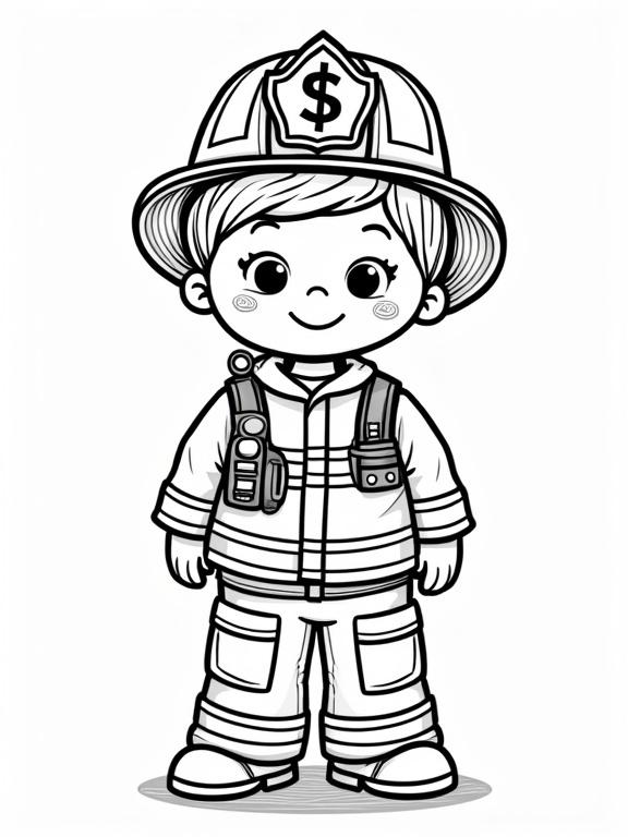 Draw a child-friendly firefighter character with a big smile. Include a firefighter uniform and helmet. Design should be simple and suitable for coloring.