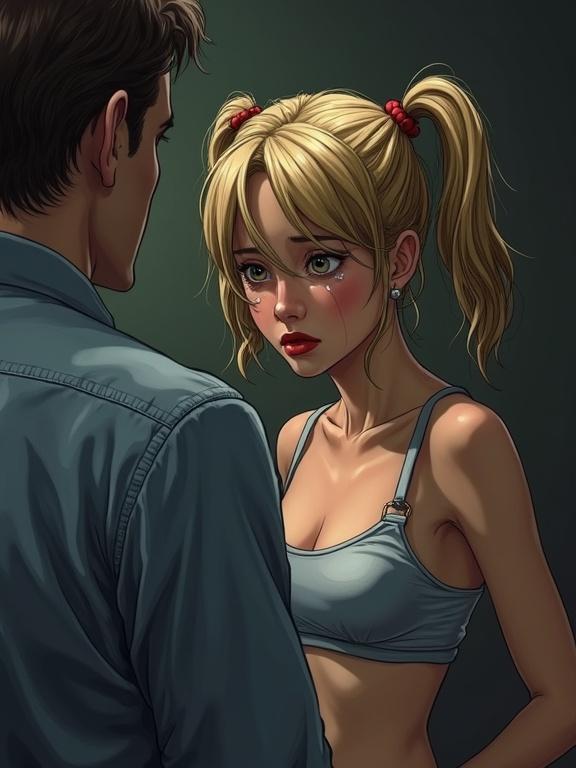 Realistic colored pen drawing features scared blonde girl in dark school office. She looks upset with tears and trembling lower lip. Bare chested, wearing a bra. Middle aged man is present. The scene captures a moment of emotional vulnerability.