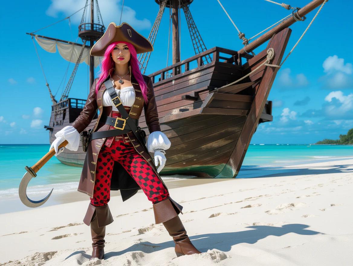 Photograph of a woman dressed as a pirate standing on a sandy beach near a large wooden ship. Bright blue sky with a few clouds overhead. The woman wears a brown tricorn hat, brown leather jacket with white trim, and red and black patterned pants. She holds a wooden hook in her right hand and stands with her left leg bent. The ship is detailed with a large wheel and visible ropes in the background. Bright sunlight enhances the high contrast and detailed textures of both the clothing and the ship, creating a vibrant and dynamic scene.