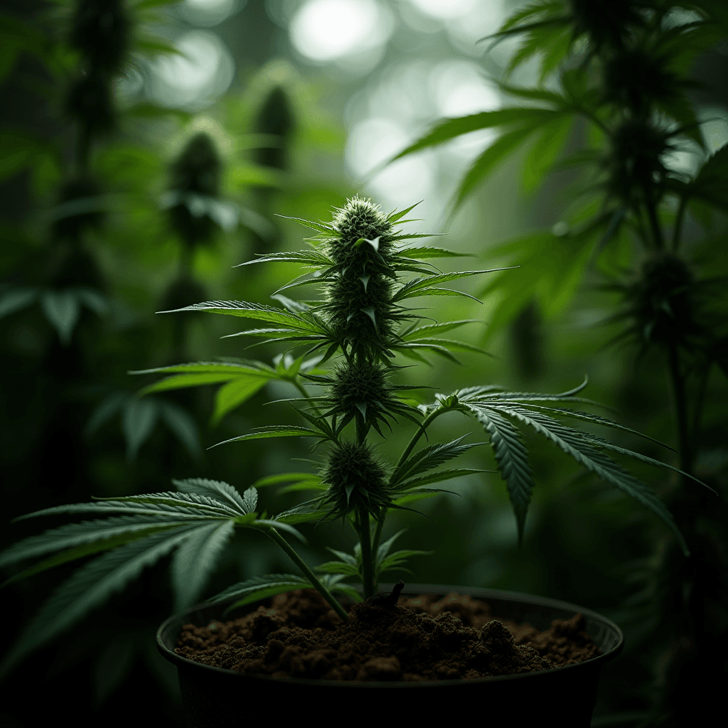 A small cannabis plant thriving in a dimly lit environment.