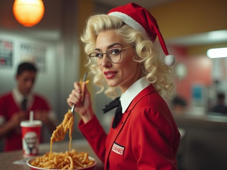 A woman with curly blonde hair in a red fast-food uniform and Christmas hat sitting in a diner. She is holding chopsticks with fries and smiling at the camera. The background shows a fast-food restaurant setting.