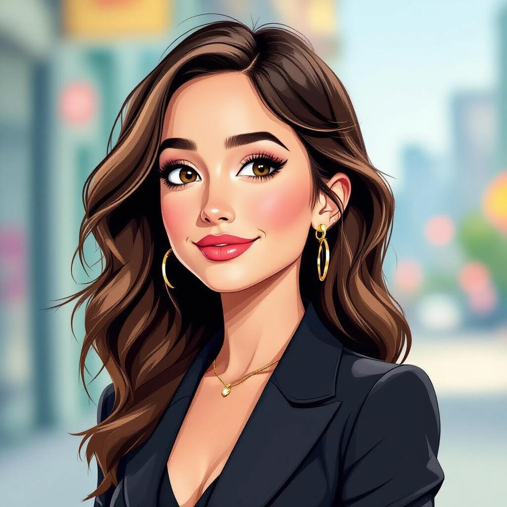 Cartoon image depicts a female character with long flowing hair. She smiles charmingly and wears hoop earrings with a stylish outfit against a blurred city background.