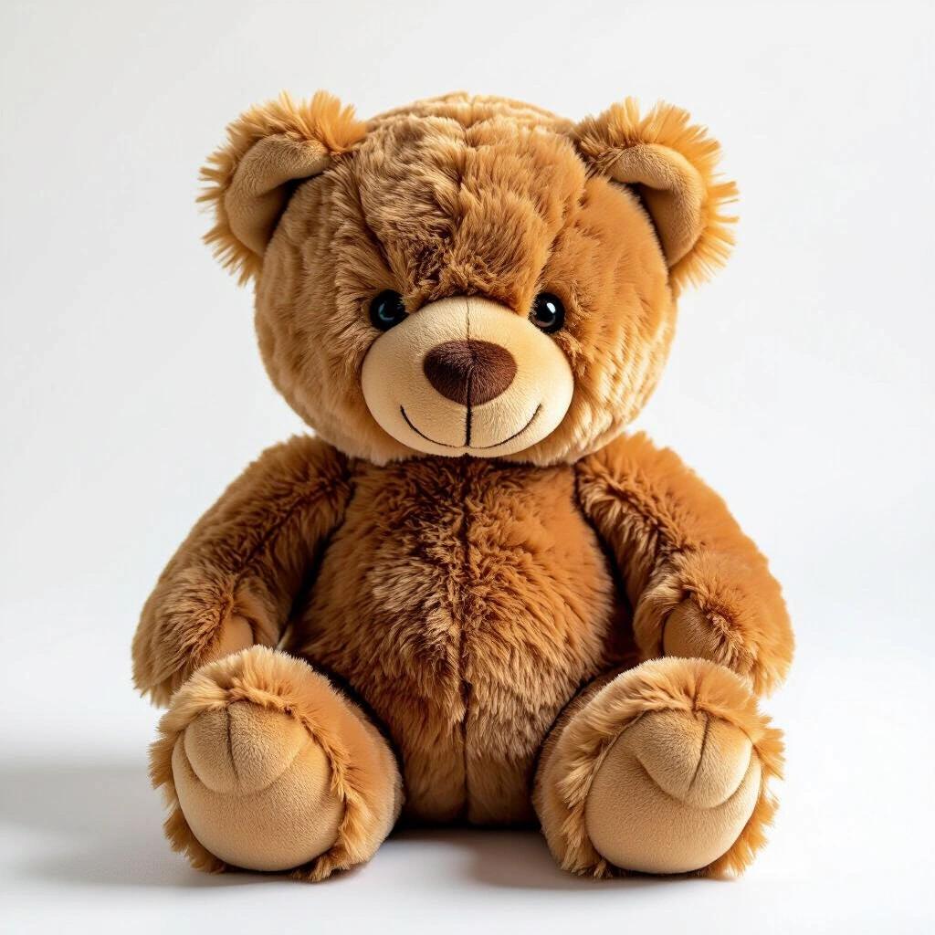 Ultra-realistic brown plush toy made of soft fluffy fabric with high detailed stitching. Lifelike lighting and white background. No shadows or clutter. Professional front view studio shot, isolated object.
