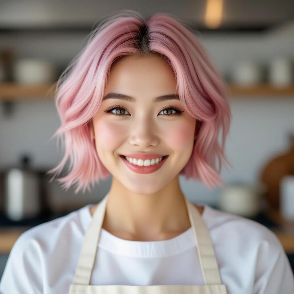 Closeup shot of a cheerful Asian woman with short pink hair wearing an apron. She has blue eyes and is smiling. The setting features soft pink tones and kitchen elements in the background.