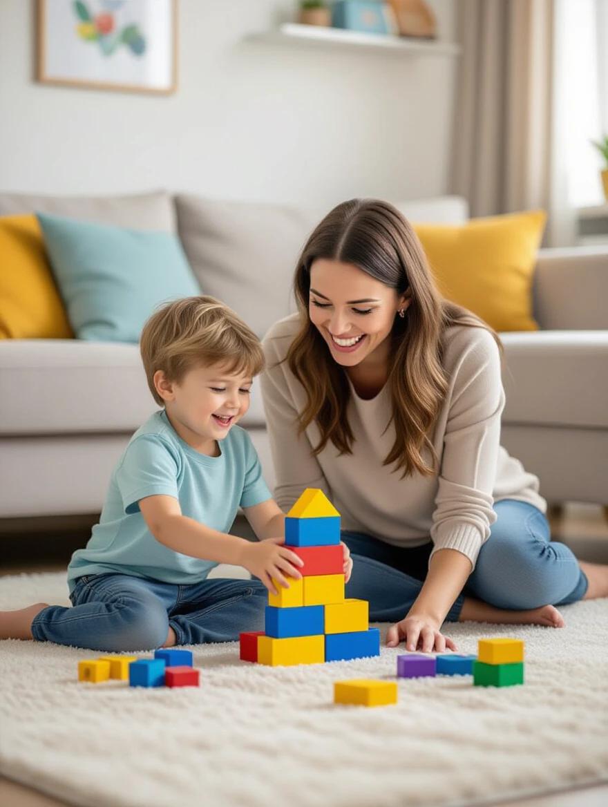 A mother and her young son play together on the living room floor. The mother laughs while the son builds a tower with colorful blocks. The space includes cushions and a soft carpet. Photography is high-quality with vibrant colors.