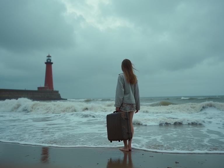 Young woman stands barefoot on Baltic shore under stormy sky. She clutches a scuffed suitcase. Waves crash behind her. She gazes at distant lighthouse. Implies emotion and healing.