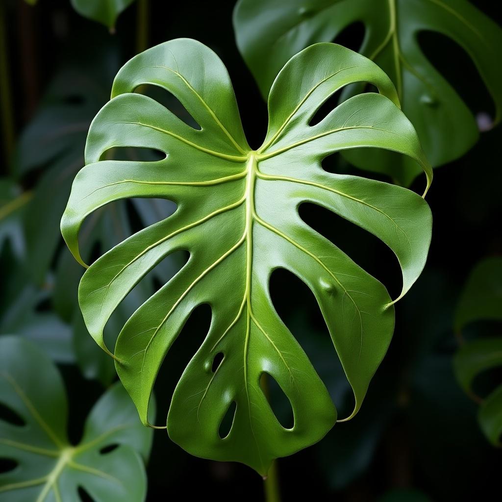 Monstera deliciosa leaf with deep splits and glossy surface. Close-up view of the leaf showing intricate details and vibrant green color. Strong visual focus on the unique shape of the leaf.