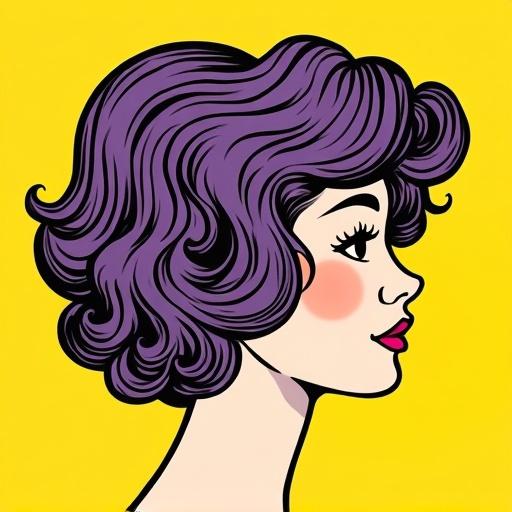 Stylized hairstyle in voluminous lilac with black streaks. Hair shaped like loose spring coils. Curls are slightly messy with playful strands sticking out. Head is a featureless contour in three-quarter view facing slightly right. Image has 1960s comic book style with clear linework. Yellow background with centered subject.