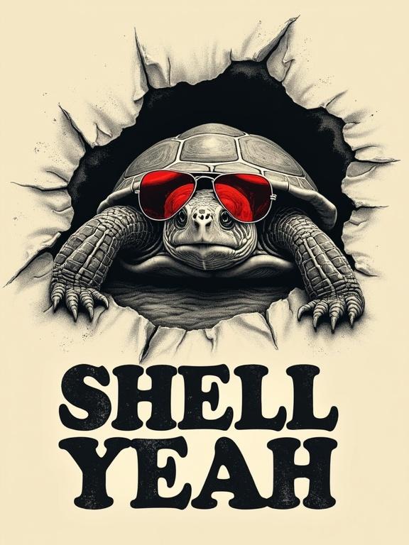 Vintage engraving style of a red-eared slider turtle breaking through torn paper. Turtle wears classic aviators. The design uses ivory and off-white inks with gritty shadows. The outline appears dramatic and torn. Below the turtle is heavy retro lettering that says SHELL YEAH in cracked wood-type. Designed for a black tee.