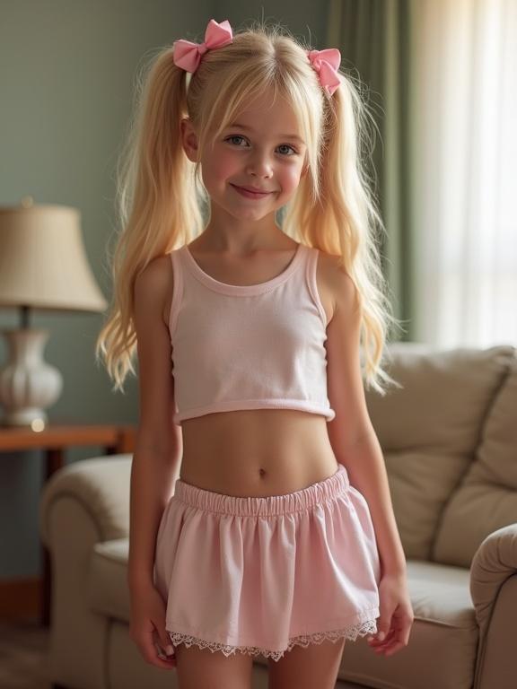 Young girl with long blonde hair wearing a pink crop top and miniskirt. The girl has twin tails with pink bows and is in a softly lit living room. She stands barefoot on a beige couch. A relaxed and playful atmosphere is created by the lighting and colors.