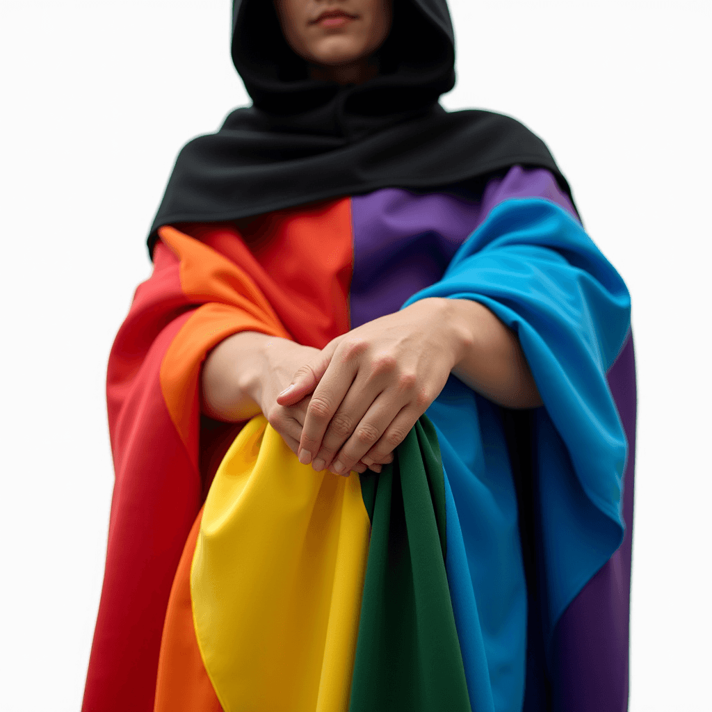 A person stands wrapped in a rainbow-colored cloak, embodying diversity and unity.