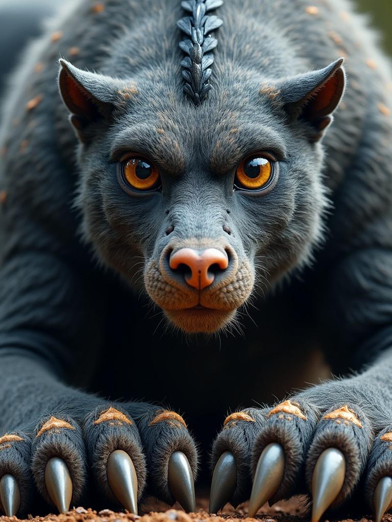 A large mythical creature with shining blue-grey eyes. It has enormous paws with black and gold fur. A ridge of dark scales runs down its back.