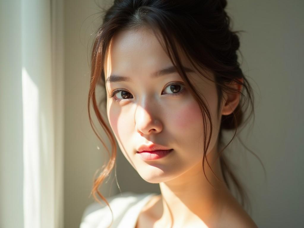 This image features a close-up portrait of a young woman with a soft and delicate expression. She is illuminated by gentle natural sunlight that enhances her flawless complexion. The light creates a beautiful play of shadows, adding depth and interest. Her hair is subtly styled and complements her serene gaze. The minimalist background emphasizes her beauty and contributes to the elegant atmosphere.