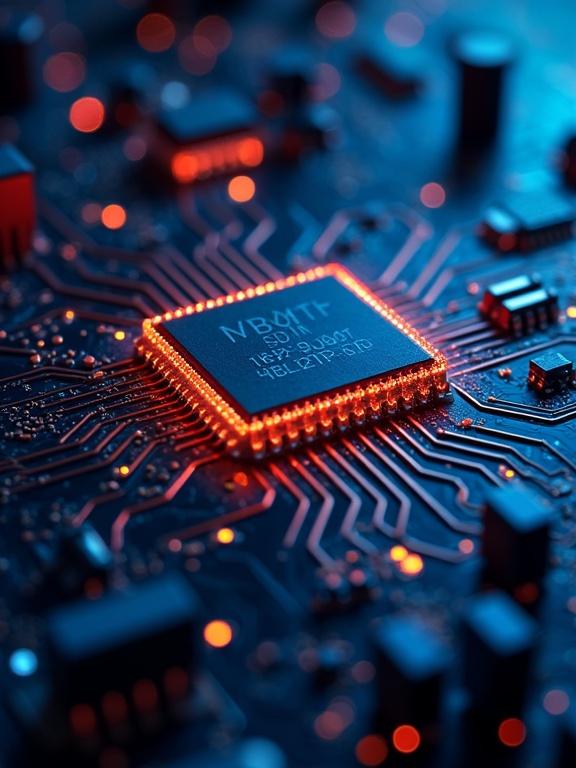 Close-up image showing an illuminated microchip on a circuit board Deep blue background with orange lights highlighting the microchip and circuit pathways