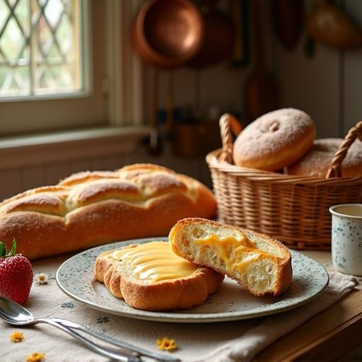 Wooden breakfast table filled with baguettes donuts thick cut toast with melted cheese. Morning light from left window refracts warm glow on plate and utensils. Retro kitchen background with copper pans spices. Baguette against rattan basket. Strawberries with butter rolling on tablecloth with daisy patterns. Shallow depth of field highlights cheese shine and visible flour particles.