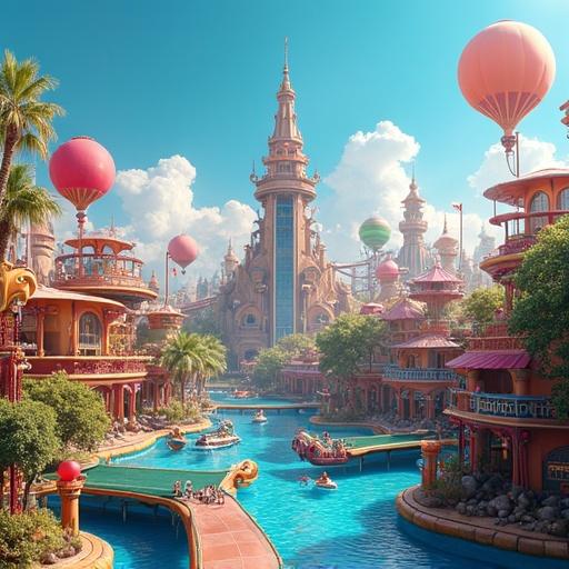 Futuristic fun vibrant theme park featuring colorful structures and attractions.