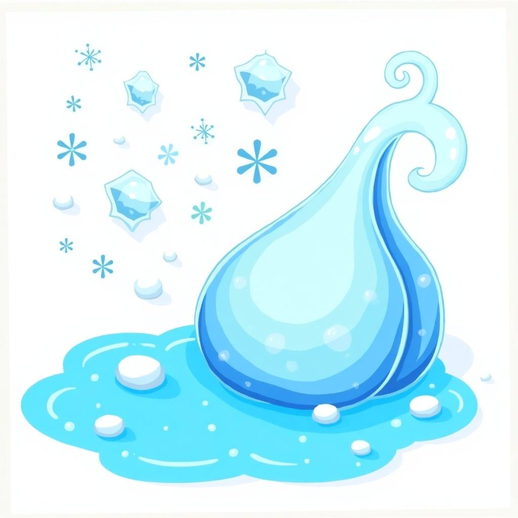 Cartoonish and child-friendly image depicting three states of water including solid ice, liquid water, and gas steam. Colorful and cheerful design appealing to children.