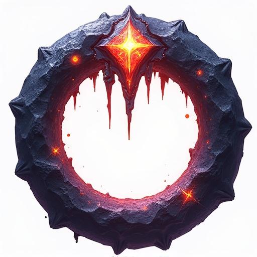 Finger ring made of dark meteoritic metal featuring a central gem that glows with a jagged, starmatter-like appearance. Suitable for ARPG games as an asset or icon. No background included; uses transparency.