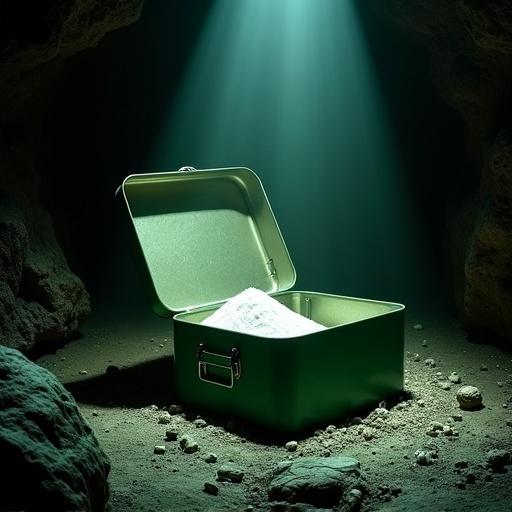 Mysterious green tin box opened under a beam of flashlight in a dark cave revealing white powder and labeled spice jars with suspenseful lighting.