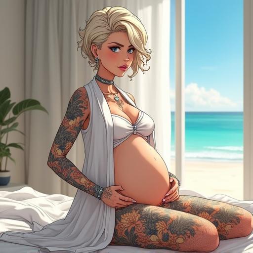 Anime art of a pregnant woman in a luxurious setting. She has short light blonde wavy hair and is wearing modern maternity pajamas. Features colorful traditional Japanese tattoos and has a grumpy look. Bright morning with beach backdrop.