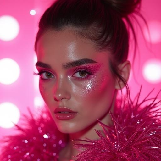 Stylized portrait of a young woman with bold makeup. Features pink glitter eyeshadow and high-gloss skin. She wears a metallic pink tinsel-like garment. Background is a bright pink with glowing lights. Expression is neutral and inquisitive.