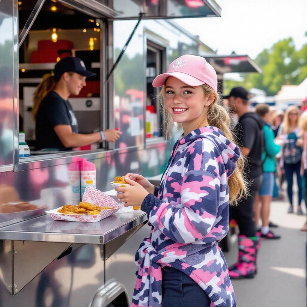 Outdoor festival scene with girl at food truck. Girl has freckles and long blonde hair in a ponytail. She wears a pink cap and camouflage outfit. She is smiling and enjoying food.
