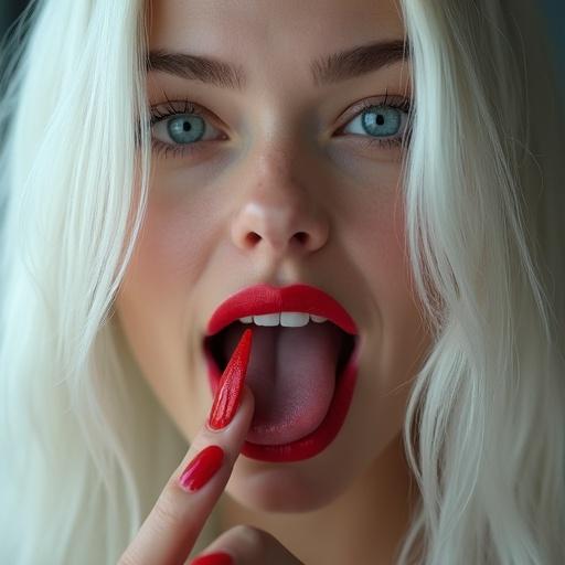 Close-up of a beautiful woman seen from the chest up. She has long straight white hair. Her blue eyes are large and striking. Her lips are full and painted red and her mouth is wide open. A finger with bright red nails is pointed at her mouth. She looks directly towards the viewer.