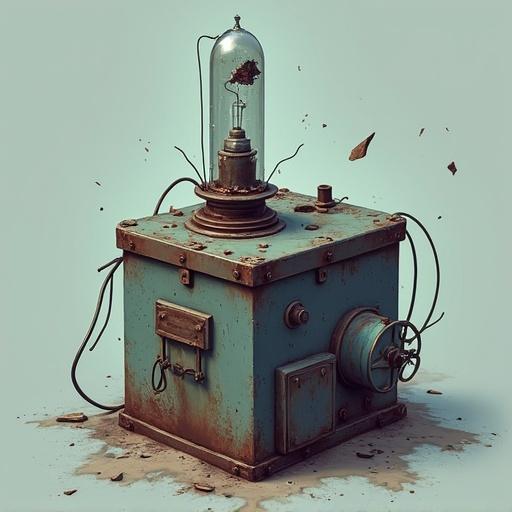 Game asset designed as an interactive prop. Features broken scientific equipment. Includes a shattered vacuum tube and cut wires. The casing is rusted metal. Style is low-poly and hand-painted with unsettling angular shapes. Transparent background.