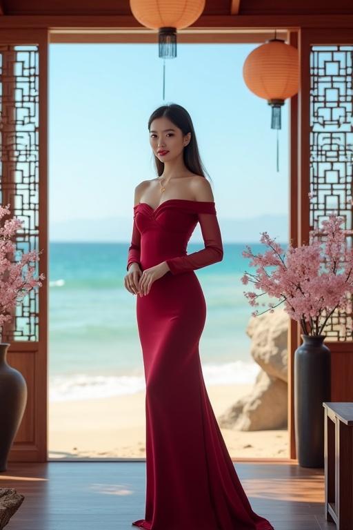 Fashionable Taiwanese model wearing off-shoulder bodycon gown on beach. Background includes traditional Asian interior and cherry blossoms. Natural smile with long brown straight hair.