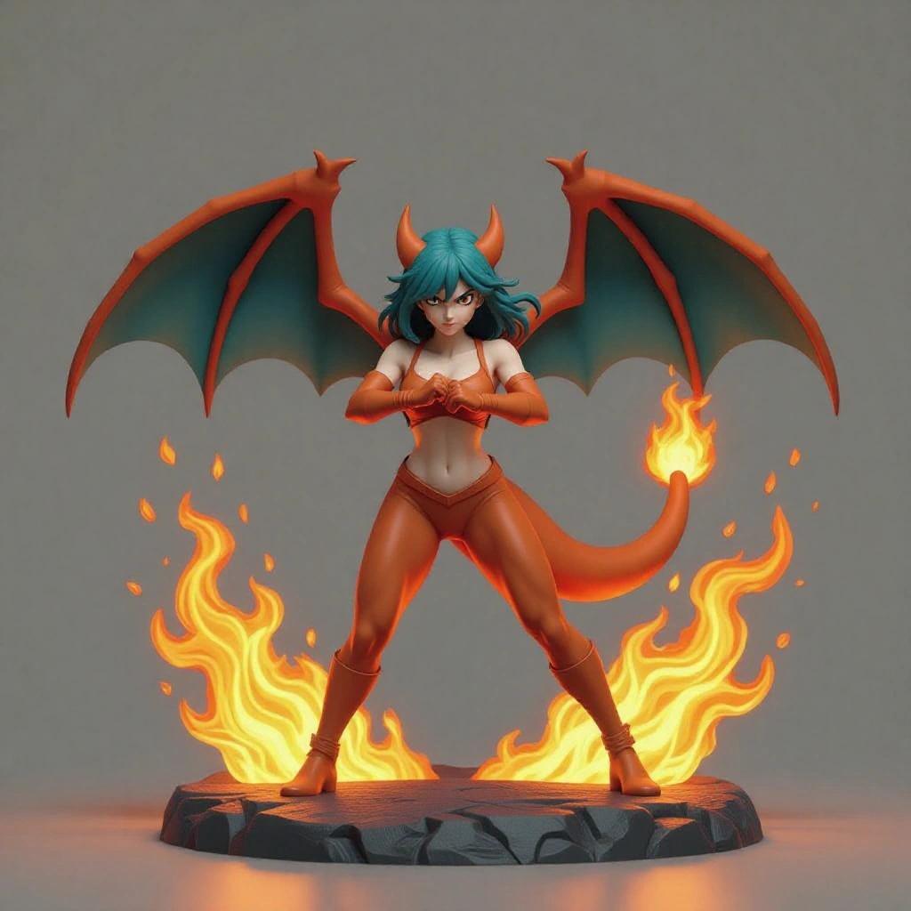 3D female figure inspired by Charizard. She is in the middle of an attack. Hands are clasped in front of her chest. Leaning forward, massive flame hits the ground. Torso is vigorously twisted, marking muscles. Right arm launches huge flame forward. Wings are bat-like, open in flight position. Tail is raised with burning flame at the end. Wears scaly armor in shades of orange and gold. Hair is deep red, messy and pulled back. Aggressive expression, mouth open roaring. Base made of volcanic rock fragments. Realistic, fantasy-like style with detailed design for resin printing.
