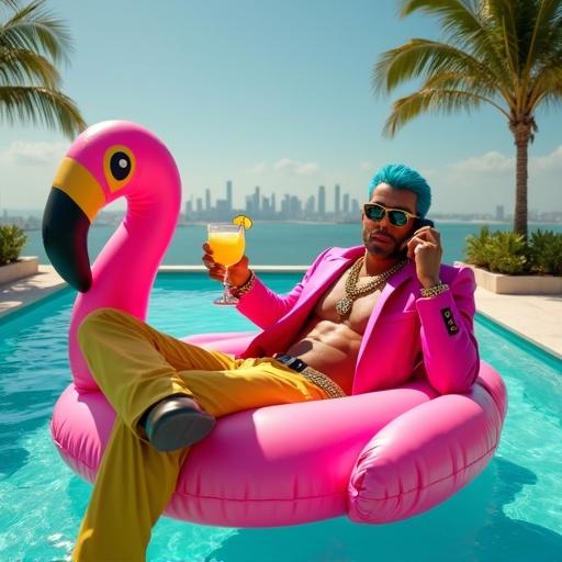 Ultra-realistic cinematic shot of a man lounging in a flamingo float in a rooftop pool overlooking a city. He wears a hot pink coat and gold pants. He holds a margarita and answers a vintage phone. Palm trees sway. The skyline of a city is visible in the background.