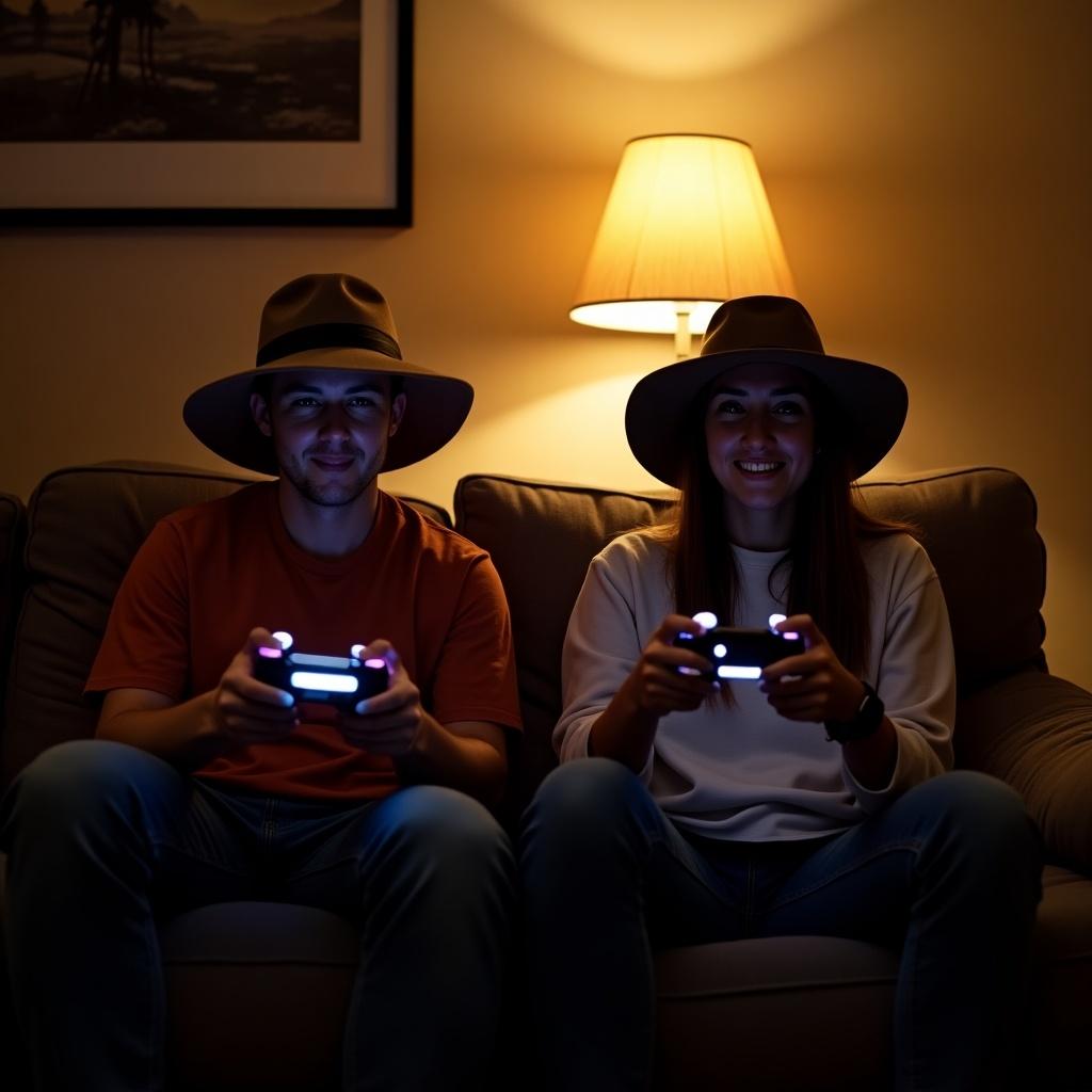 Two individuals wear wide-brimmed hats. They play video games on a cozy couch. Warm lamp light bathes the scene.