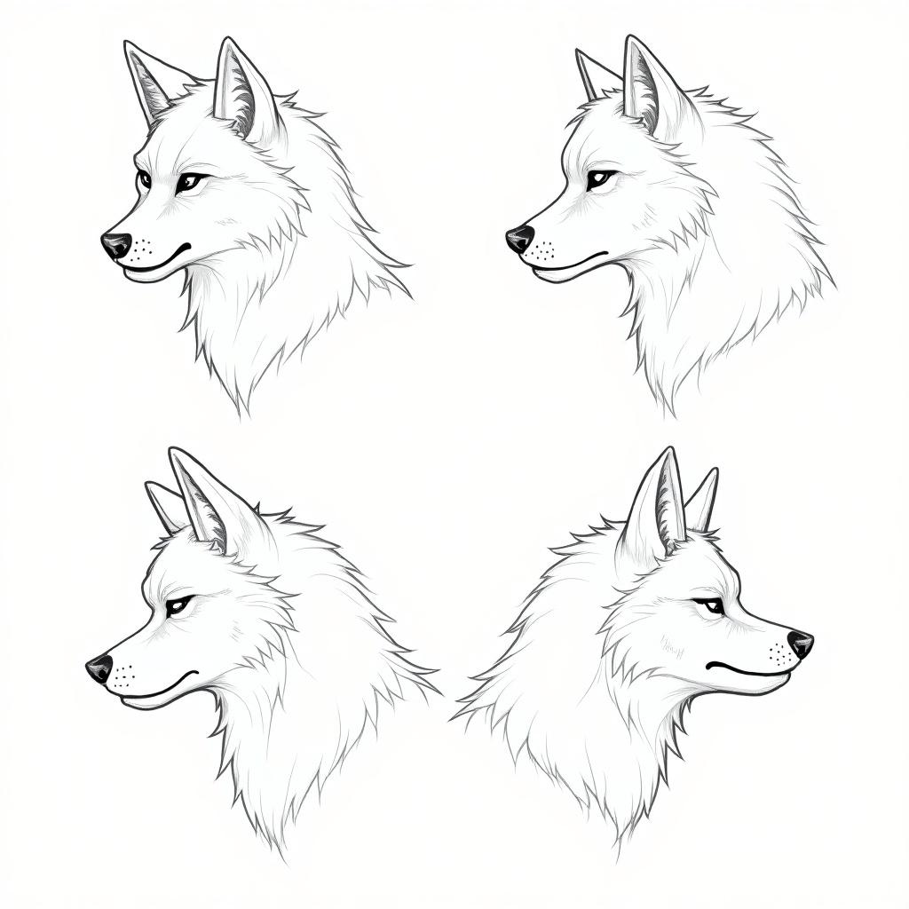 Furry wolf character head turn-around sheet. Shows multiple angles, up down, left, right. Head sketches, line art, for reference.