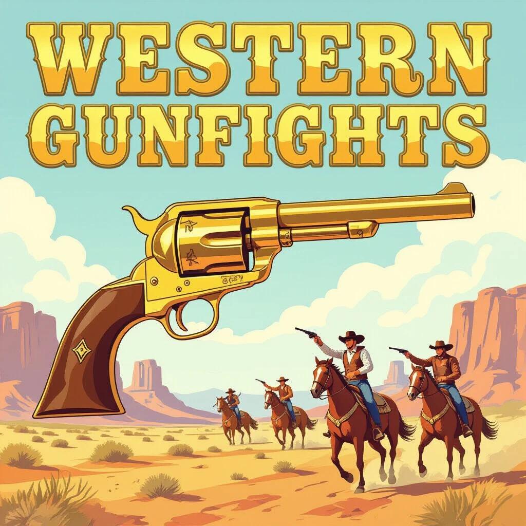 Shiny gold revolver against desert landscape with cowboys on horseback. Title is 'WESTERN GUNFIGHTS' prominently displayed above.