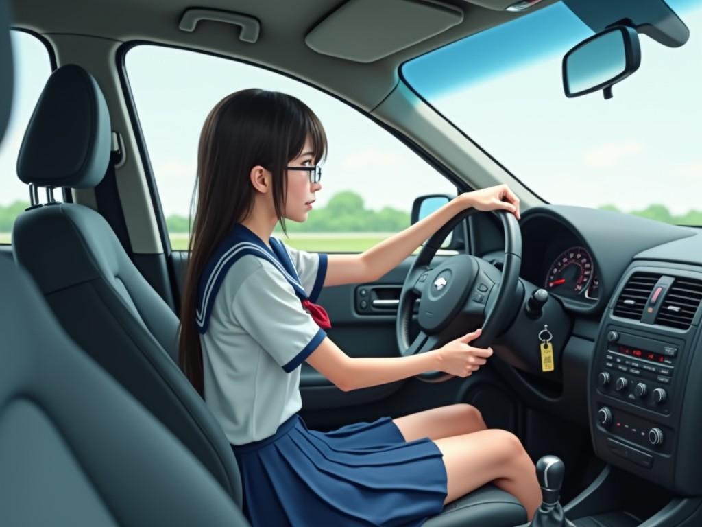 This digital illustration portrays a young girl in a school uniform driving a car. The setting captures a peaceful drive with a view of greenery through the windows, highlighting a sense of focus and determination on the girl's face. The interiors of the car are detailed, showcasing modern features and comfort.