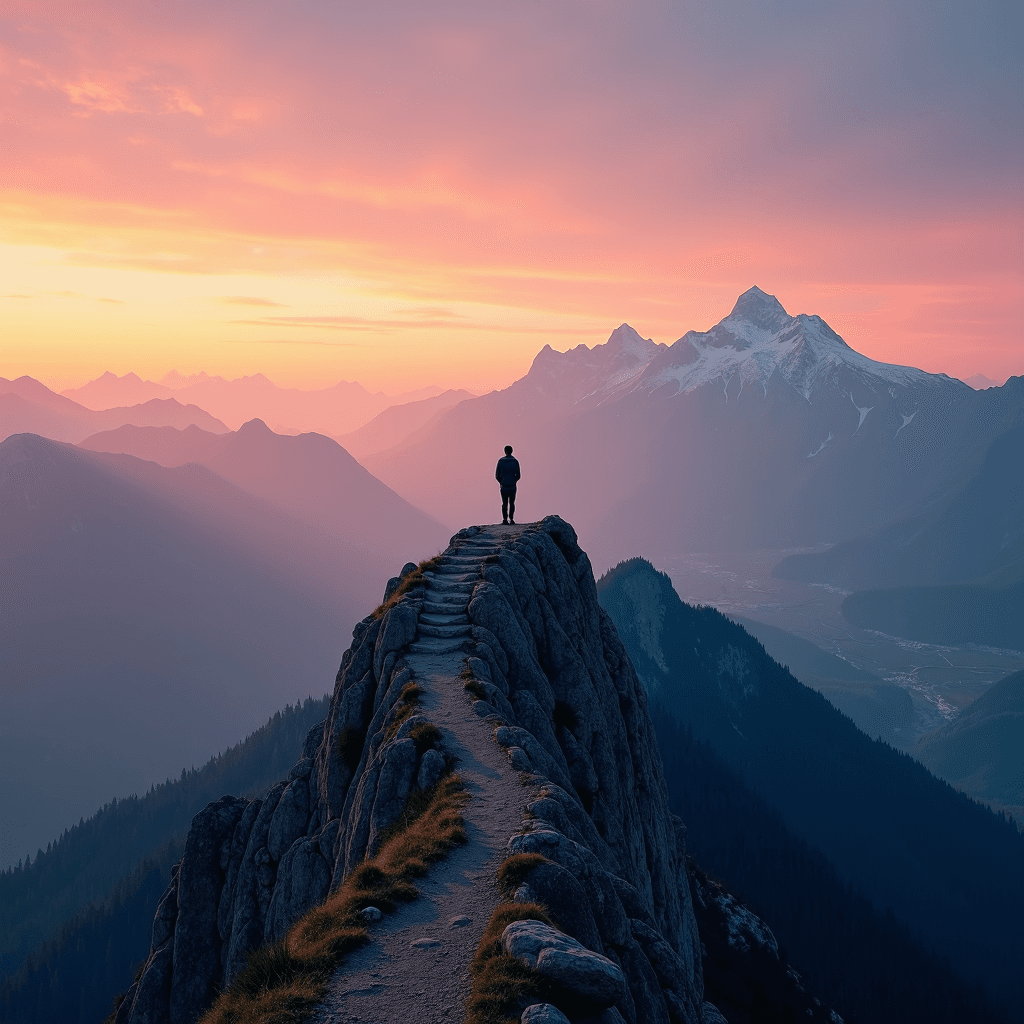 A person stands on a narrow mountain ridge at sunset, overlooking snow-capped peaks and mist-covered valleys.