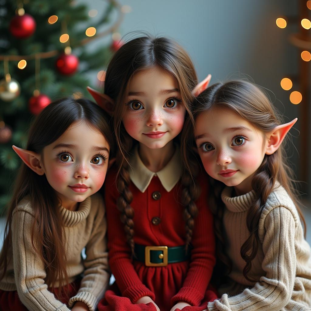 A cute girl elf with pointed ears is with her two human friends. The humans are two small girls aged 4 and 8 with long dark brown hair and freckles. The background shows a Christmas scene.