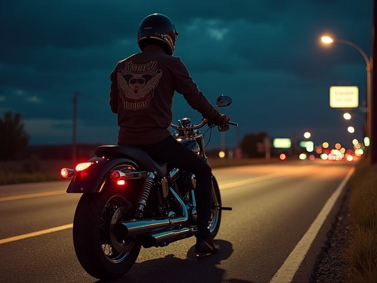 Silhouette of a man on a Harley motorcycle at night on Route 66. Dark sky with clouds in the background. Street lights illuminating the road. Motorcycle taillight glowing.