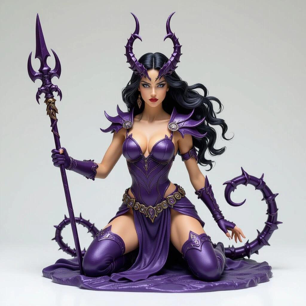 Resin sculpture of a goddess inspired by Scorpio. Human slender figure with fair skin. Long black wavy hair and stinger-shaped crown. Purple armor with scorpion symbols. Dynamic pose holding a curved spear. Dark rocky base background.
