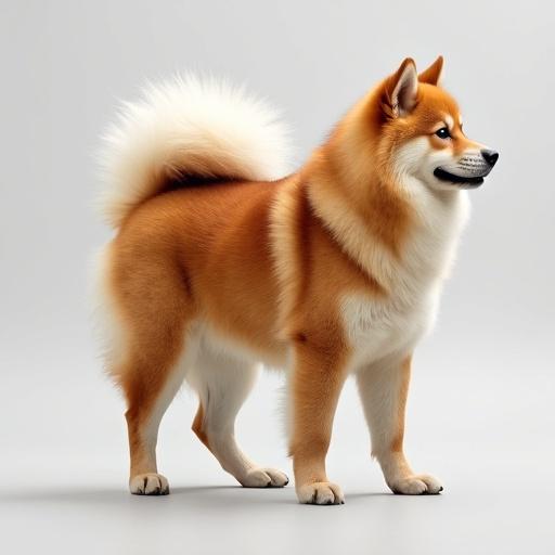 Image of fluffy Akita dog with prominent curled tail. Tail appears larger to show spitz characteristics.