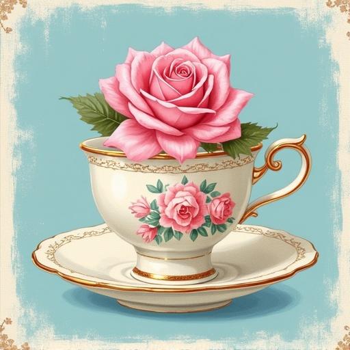 A vintage postcard style artwork shows a teacup with a rose. The teacup is adorned with pink roses painted on it. A pink rose is placed inside the teacup. Light blue color is the background with a white scroll design around the edges.
