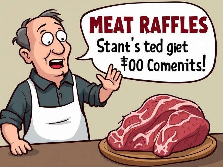 A cartoon image features a smiling man with gray hair wearing an apron. He is excitedly advertising a Meat Raffle for a community social club, with a large piece of meat on the table beside him. Text bubble reads 'MEAT RAFFLES' and offers details about the event in a playful tone.