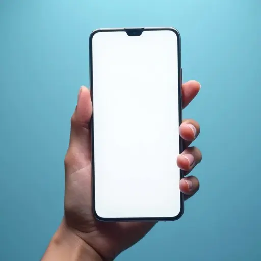 Close-up of a hand holding a smartphone with a blank screen. Phone has minimal bezel and small front camera hole. Smooth blue gradient background with light reflections.