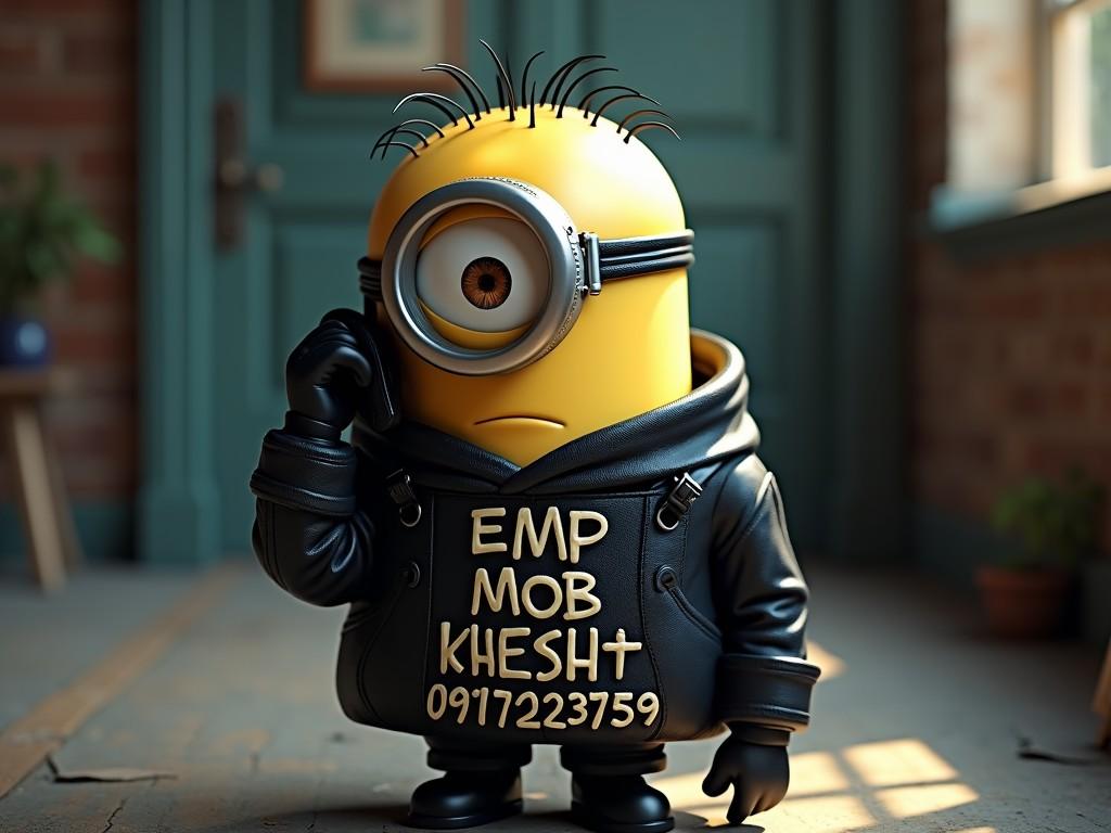 The image depicts a solitary Minion character, famously from an animated film, standing in a warmly lit room. The Minion is wearing a black leather jacket adorned with text in a stylized font, adding a rebellious flair to its appearance. The background features soft colors and blurred details, focusing the attention on the character and its unique attire.