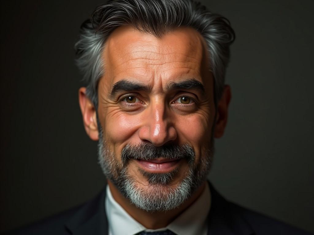 A mature man with a well-groomed beard and graying hair, wearing a suit, smiling with confidence in a warmly lit, professional setting.